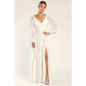 Lulus Astra White Lace Long Sleeve Backless Maxi Dress - Size L